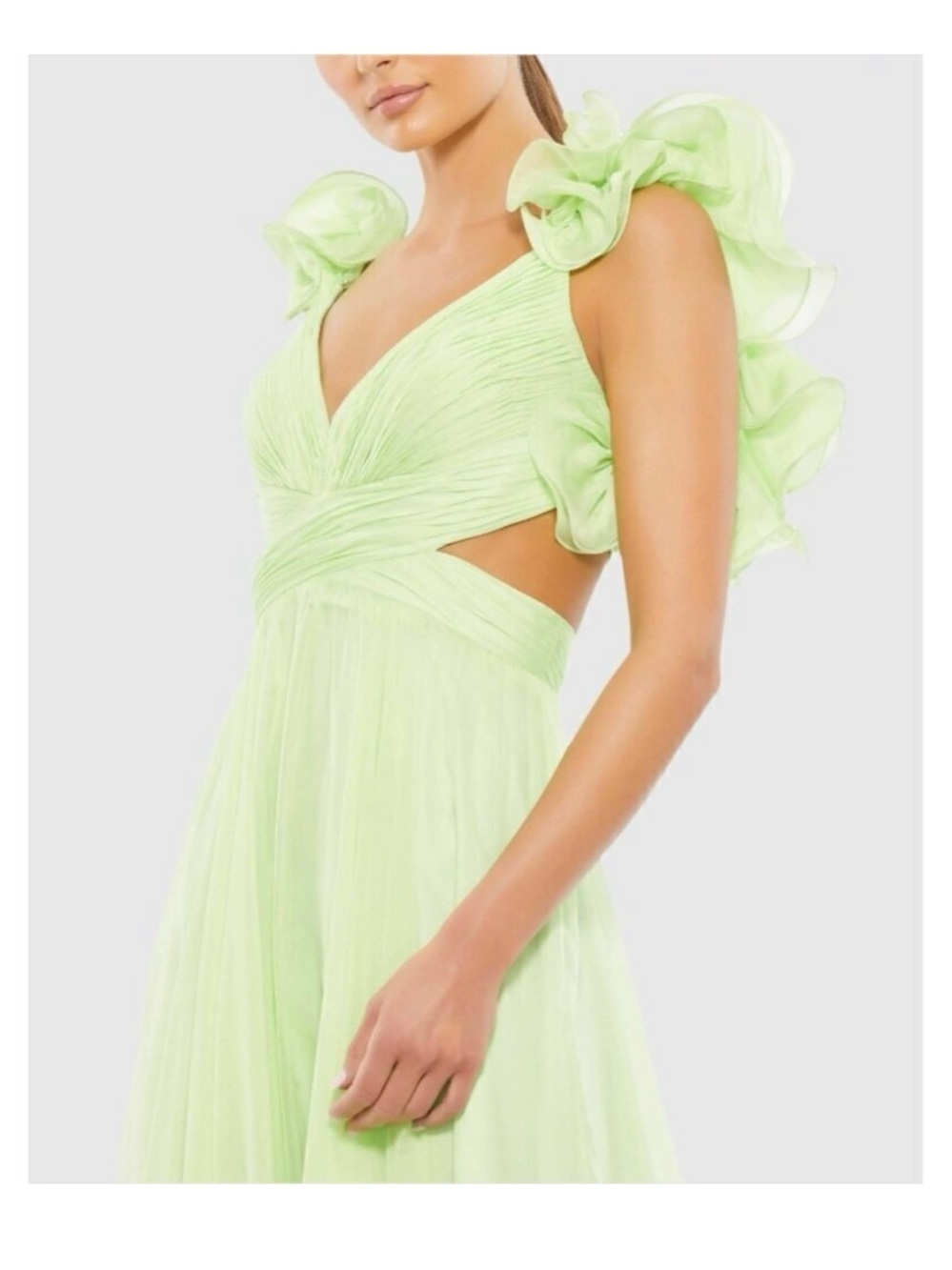 Mac Duggal Pastel Green Ruffle Sleeve Cutout Maxi Gown - Picture 2 of 8